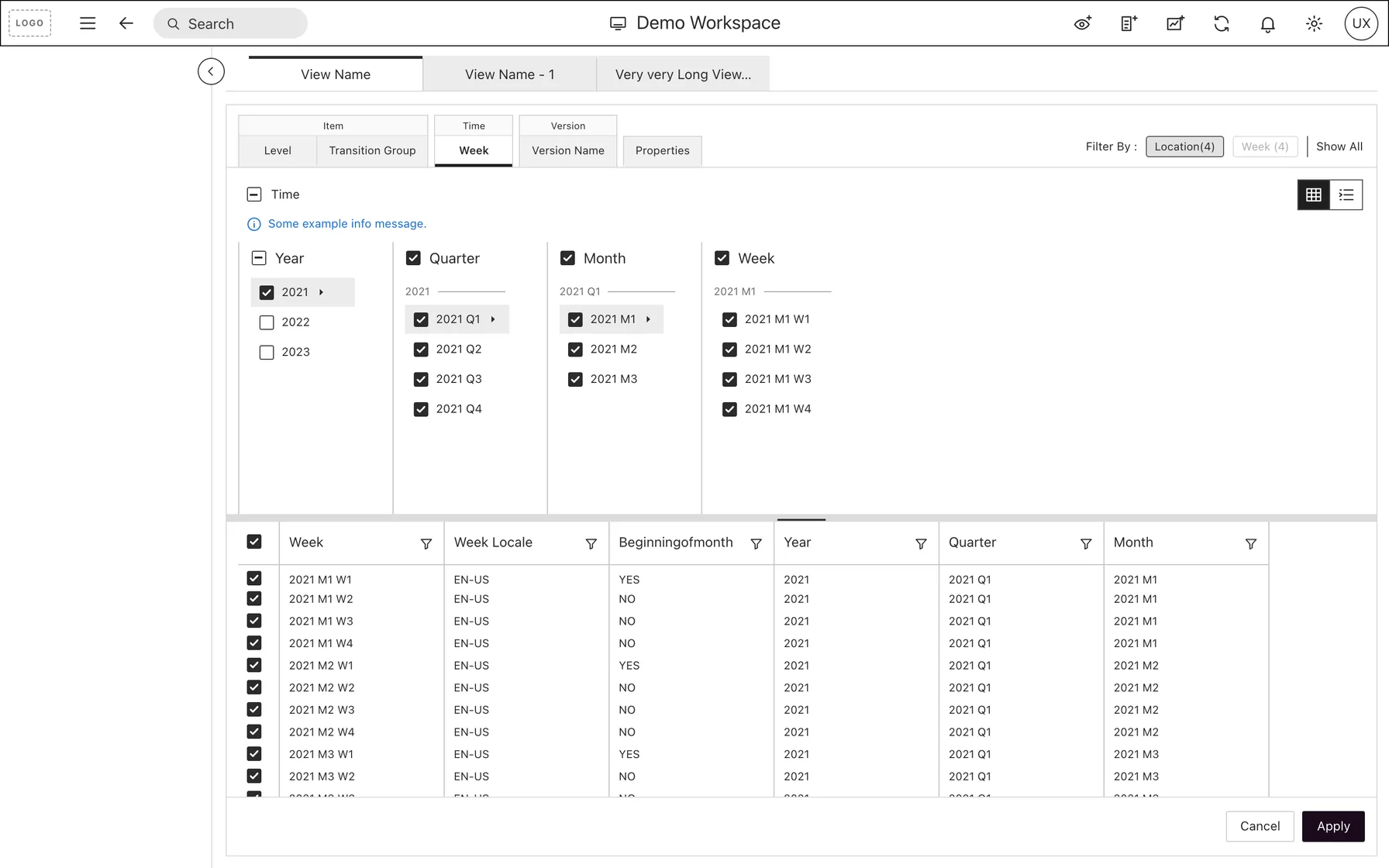 Revised expanded filter: Year, Quarter, Month and Week columns with 2021 ticked and open, a grid starting with Week with a filter icon on every column, and Cancel and Apply at the bottom.