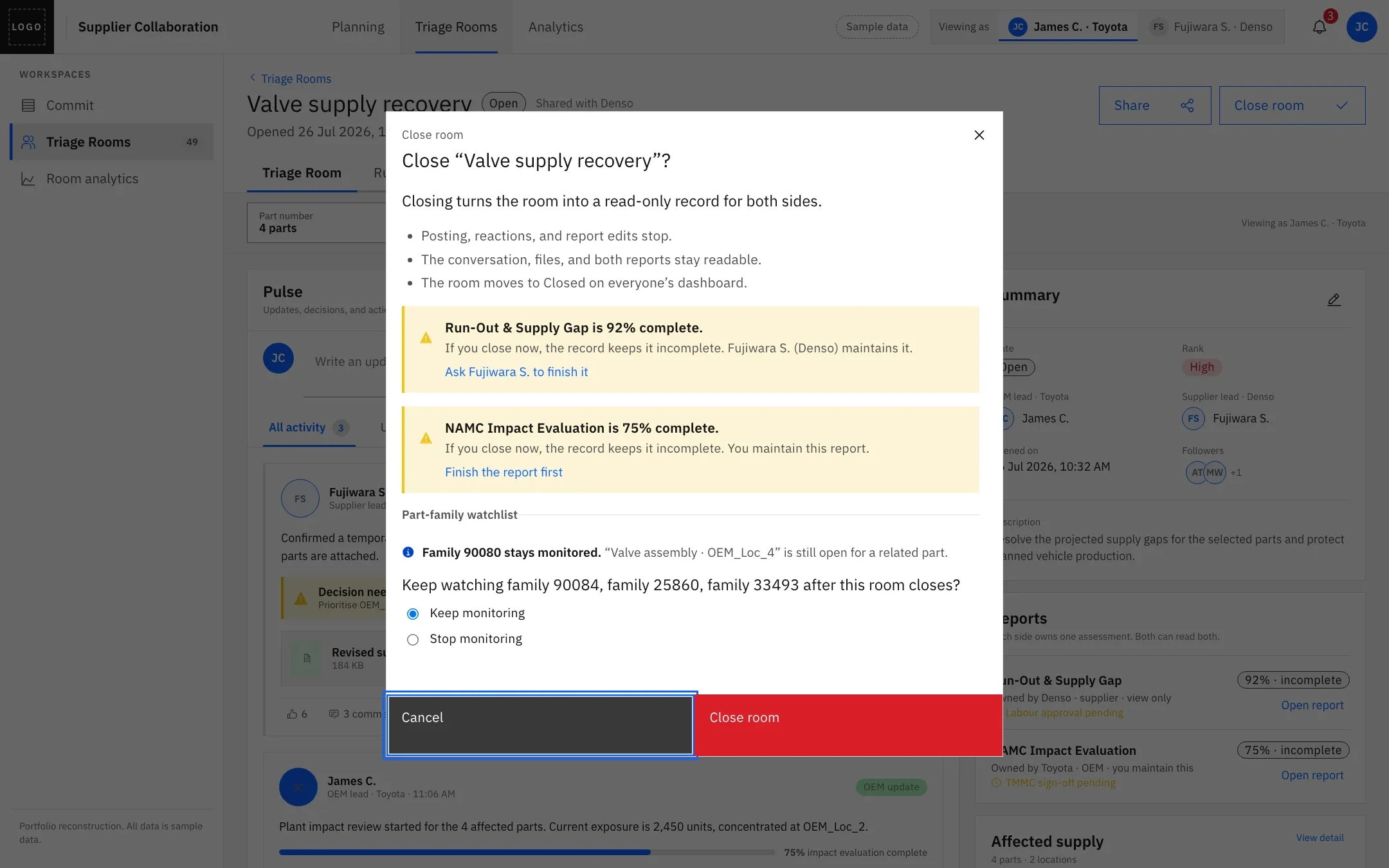 Close room dialog listing what stops and what stays readable, warnings for two incomplete reports, and a watchlist question.
